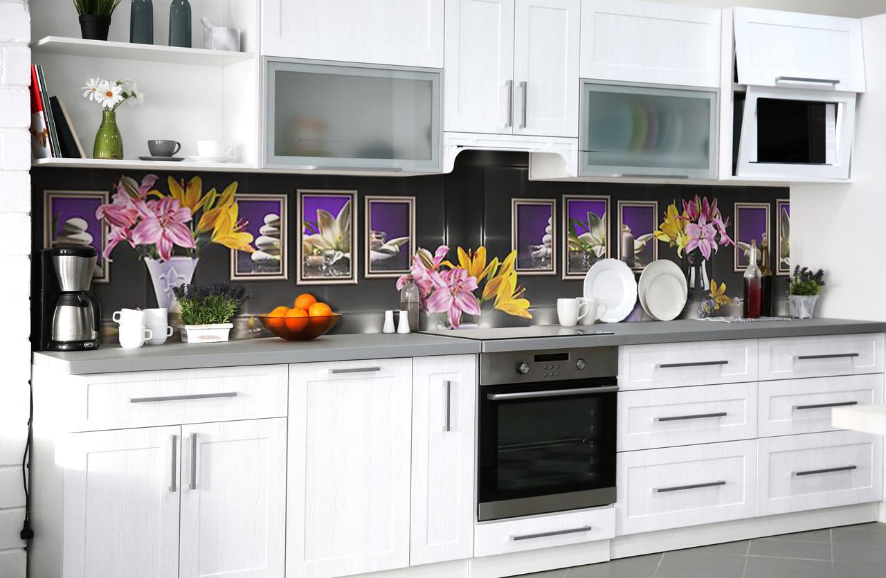 Кухонный фартук Лилии свет из самоклеющейся виниловой пленки 60х250 см Серый