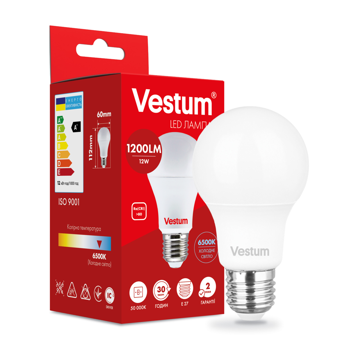 Светодиодная лампа Vestum A60 12W 6500K 220V E27 (1-VS-1115)