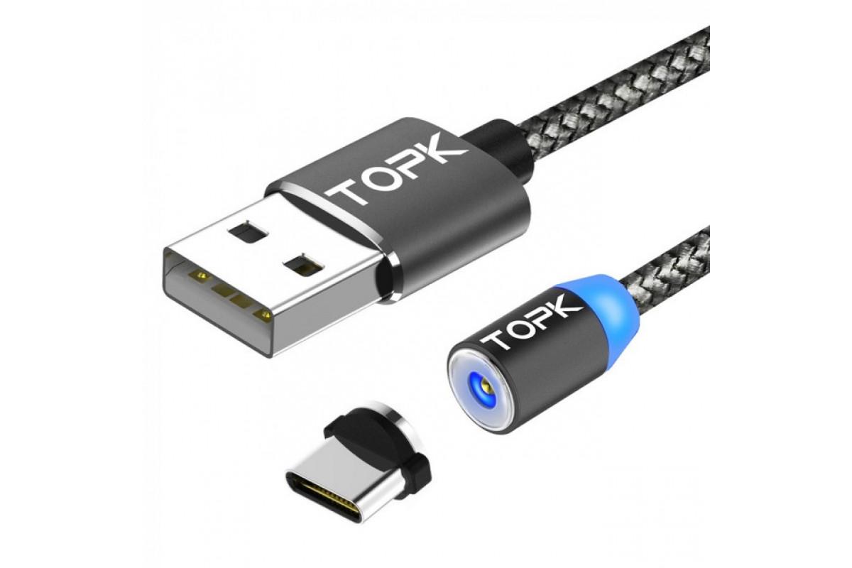 Кабель магнітний для заряджання Topk LED AM23 USB Type-C 1 м 2,4A Black (my014)