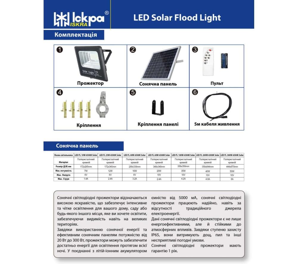 Прожектор с солнечной панелью Искра Led 100W solar flood light 100 Вт 6500K (2303709092) - фото 2 Прожектор с солнечной панелью Искра Led 100W solar flood light 100 Вт 6500K (2303709092) - фото 2