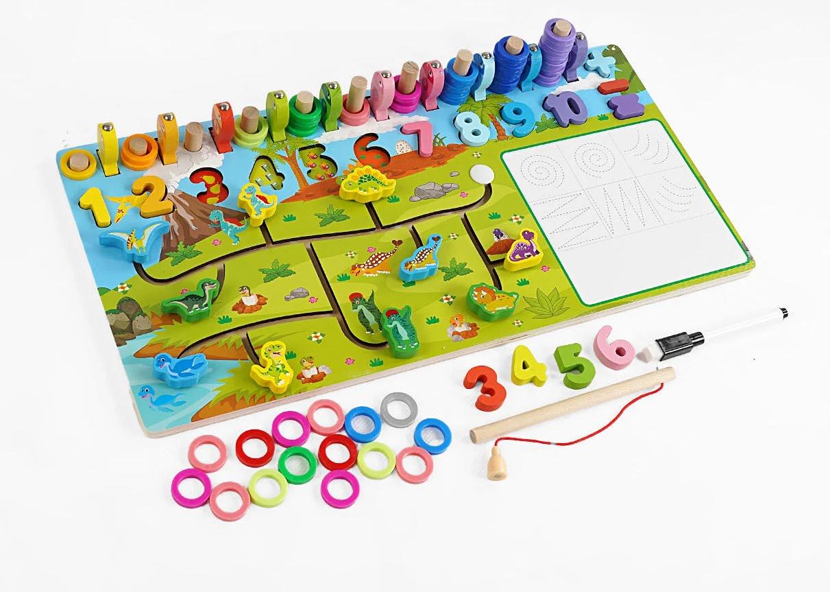 Доска логическая деревянная WToys Чудо-логика Динозавры магнитная рыбалка/пальчиковый лабиринт Multicolor (162819)