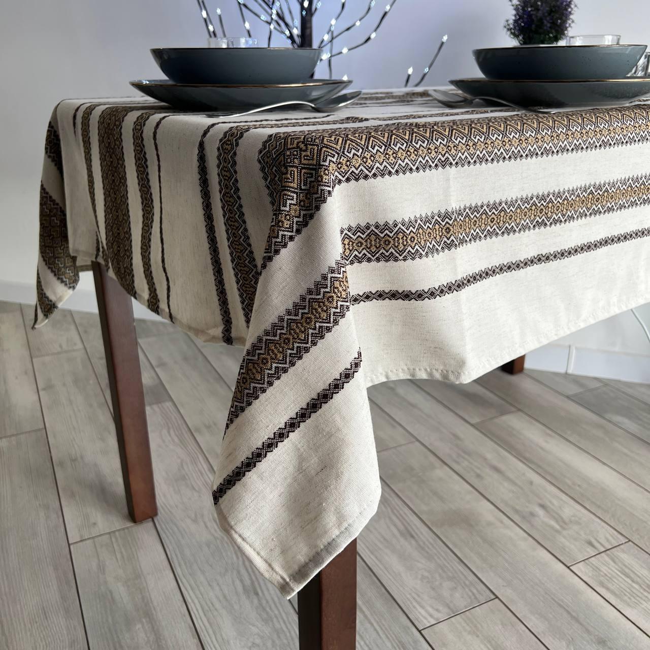 Скатерть льняная Украинский орнамент прямоугольная 400x145 см Коричневый (40022-p7)