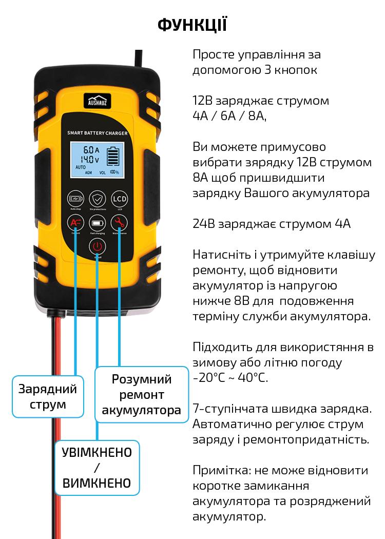 Зарядний пристрій для акумулятора AusHauz інтелектуальний імпульсний 12 В 4А/6А/8А - фото 13