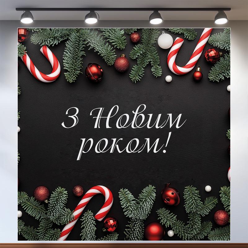 Баннер новогодний "З Новим роком!" с елкой и леденцами 160x160 см №46025