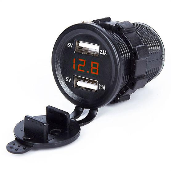 Адаптер 12-24V USB врізний здвоєний з вольтметром червоне підсвічування (32418379)