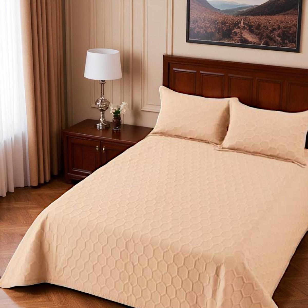 Покривало бавовняне стьобане та 2 наволочки Koloco євро 220х240 см Бежевий (41693)