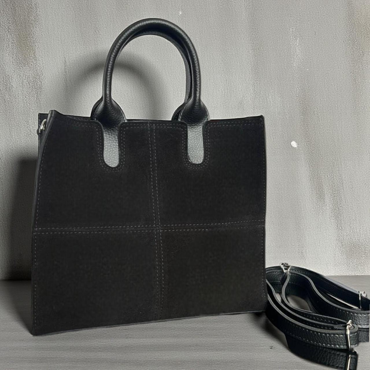 Сумка женская большая через плечо мостика из замши и экокожи вмещает А4 Черный Сумка женская большая через плечо мостика из замши и экокожи вмещает А4 Черный