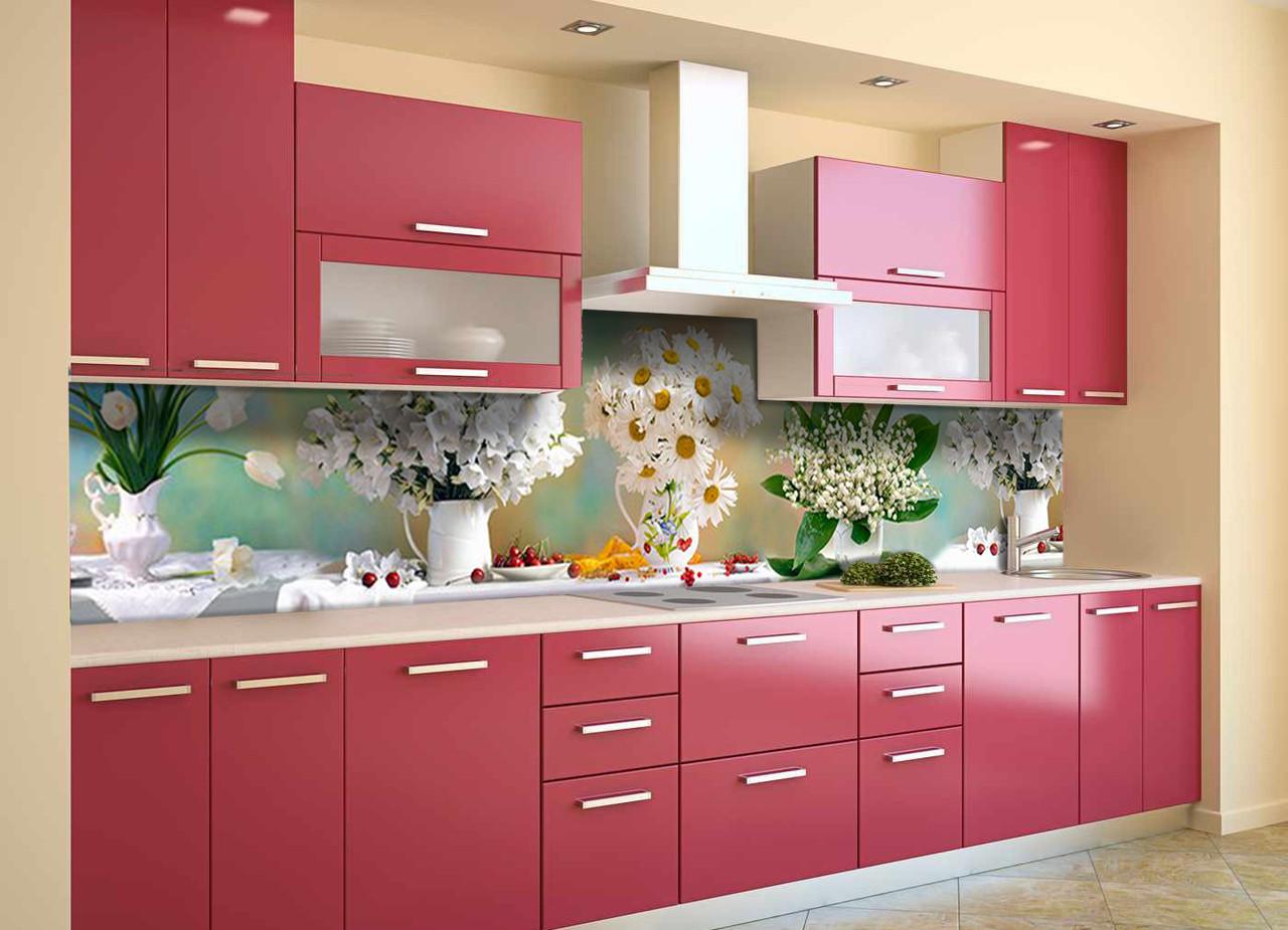 Кухонный фартук Цветы и ягоды 02 из самоклеющейся виниловой пленки 60х250 см Зеленый