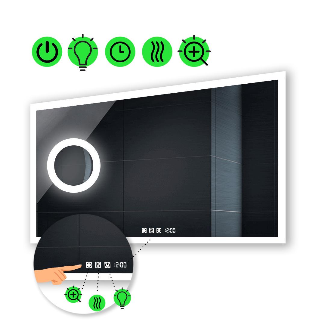 Зеркало с LED подсветкой Simphony с тремя сенсорами/часами/подогревом и линзой с подсветкой 80x60 см (Simphonyg31)