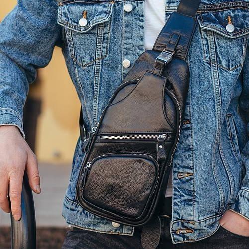 Чоловіча сумка-слінг Tiding Bag на два відділення з натуральної шкіри Чорний (32321)