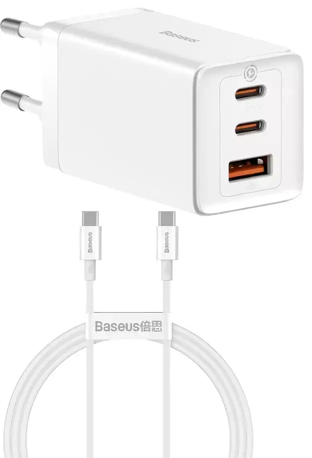 Зарядное устройство сетевое BASEUS GaN5 Pro Fast Charger 2Type-C/USB 65W/Cable Type-C to Type-C CCGP120202 White - фото 1