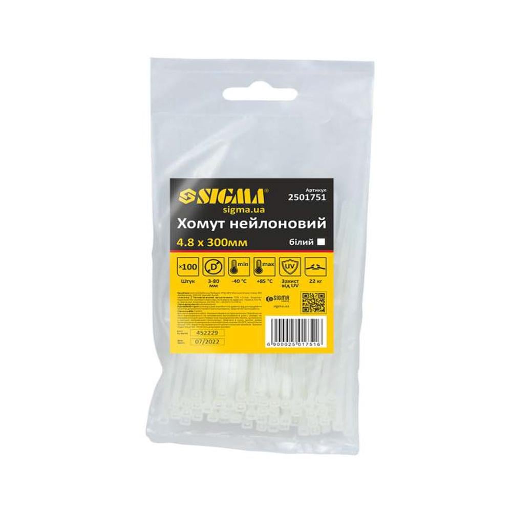 Хомут нейлоновий Sigma 4,8x300 мм 100 шт. Білий (2501751)