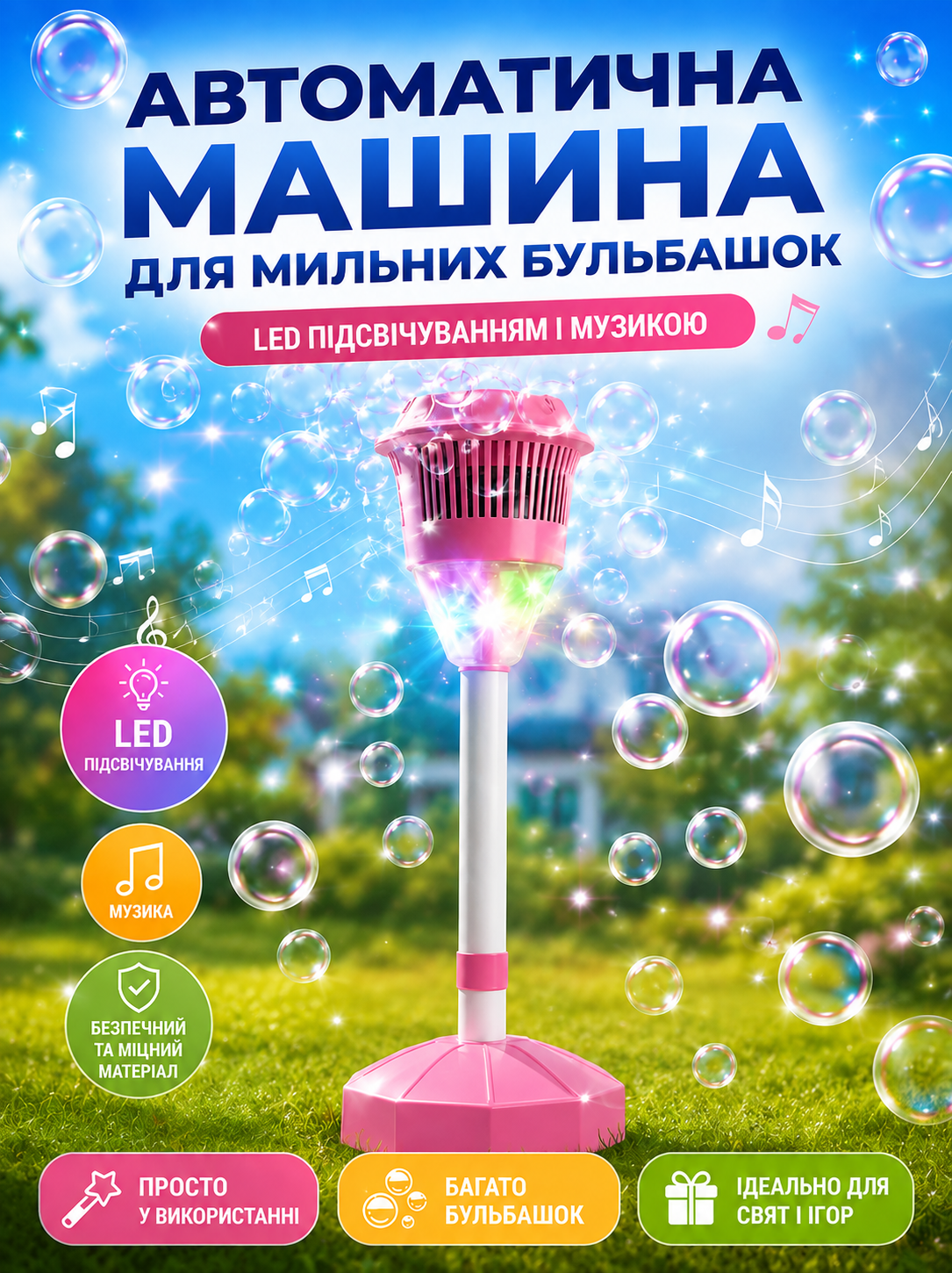 Машина автоматическая для мыльных пузырей с LED подсветкой и музыкой. 26X-264 Розовый