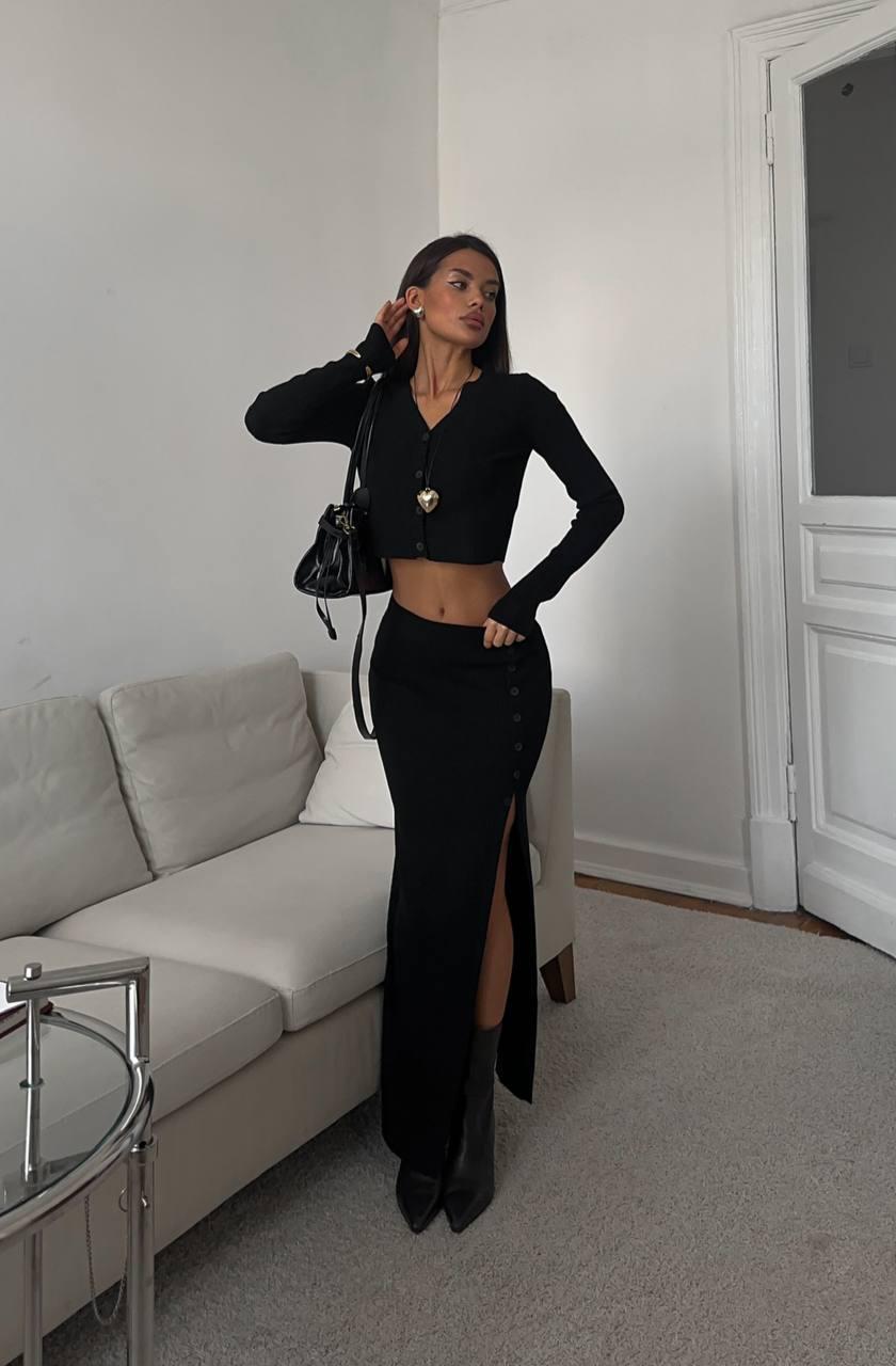 Костюм с юбкой в рубчик р. 46-48 Черный (Мод.656.1) - фото 3