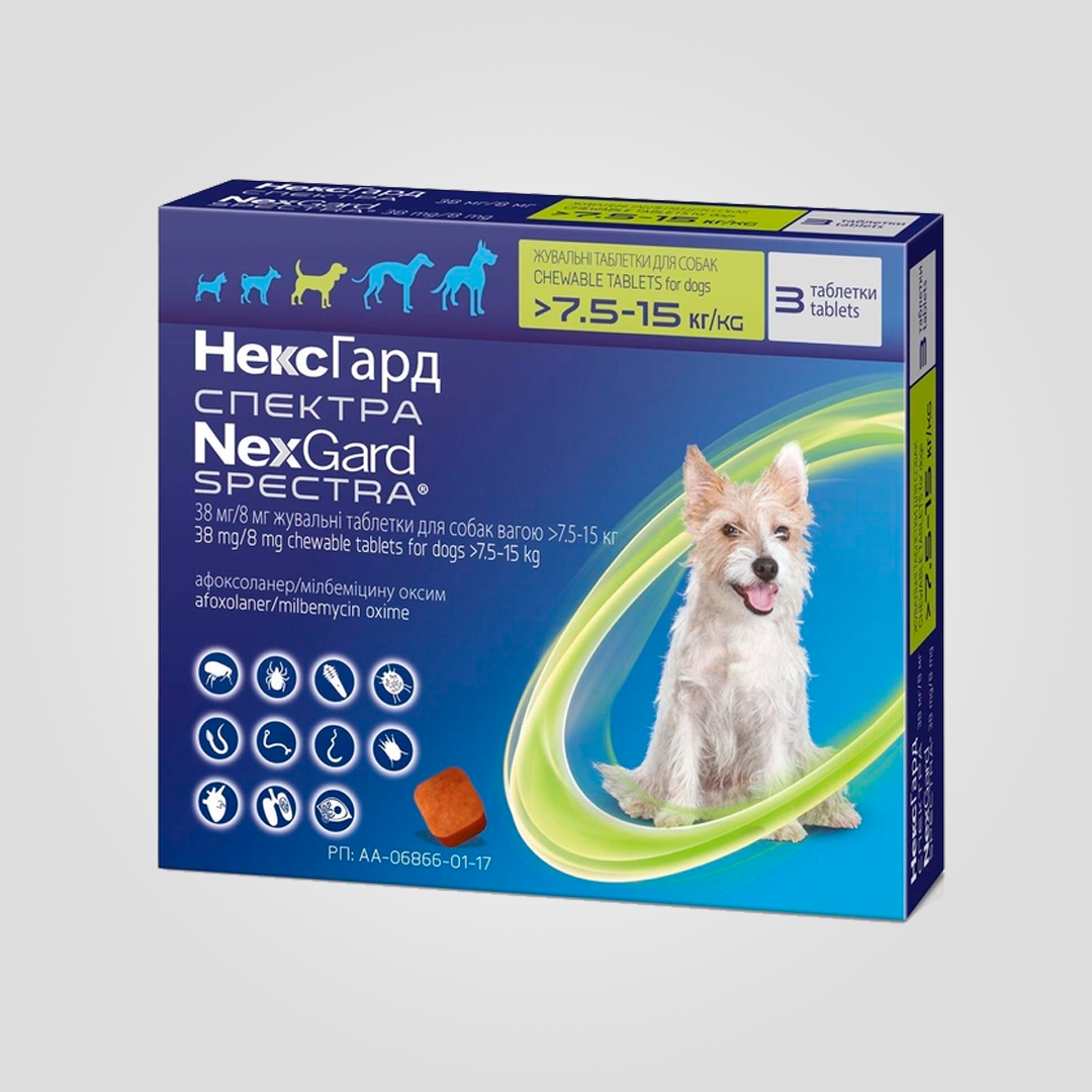 Таблетки для собак NexGard Spectra від бліх/кліщів/гельмінтів 7,5-15 кг M 1 шт. (20504296)