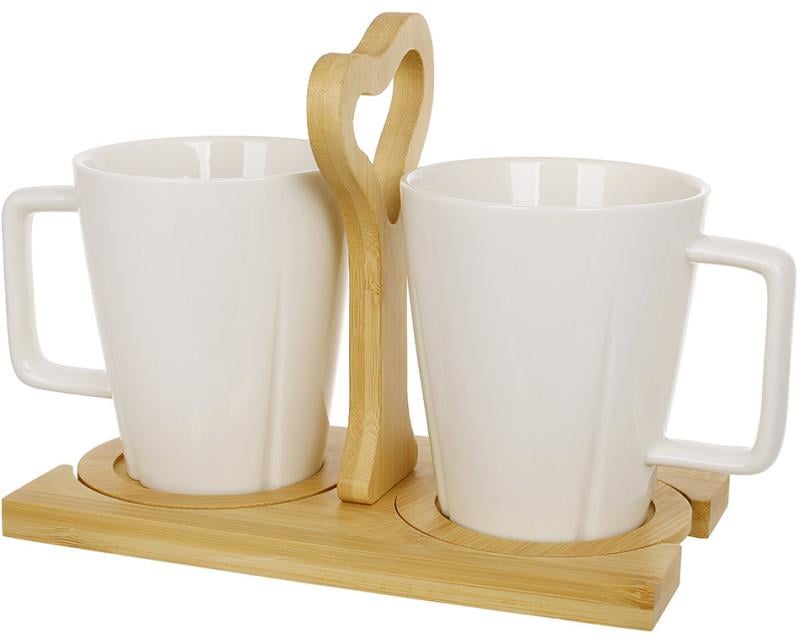 Набір порцелянових кухлів Nouvelle Home на дерев'яній підставці 2 шт. 300 мл Набір порцелянових кухлів Nouvelle Home на дерев'яній підставці 2 шт. 300 мл