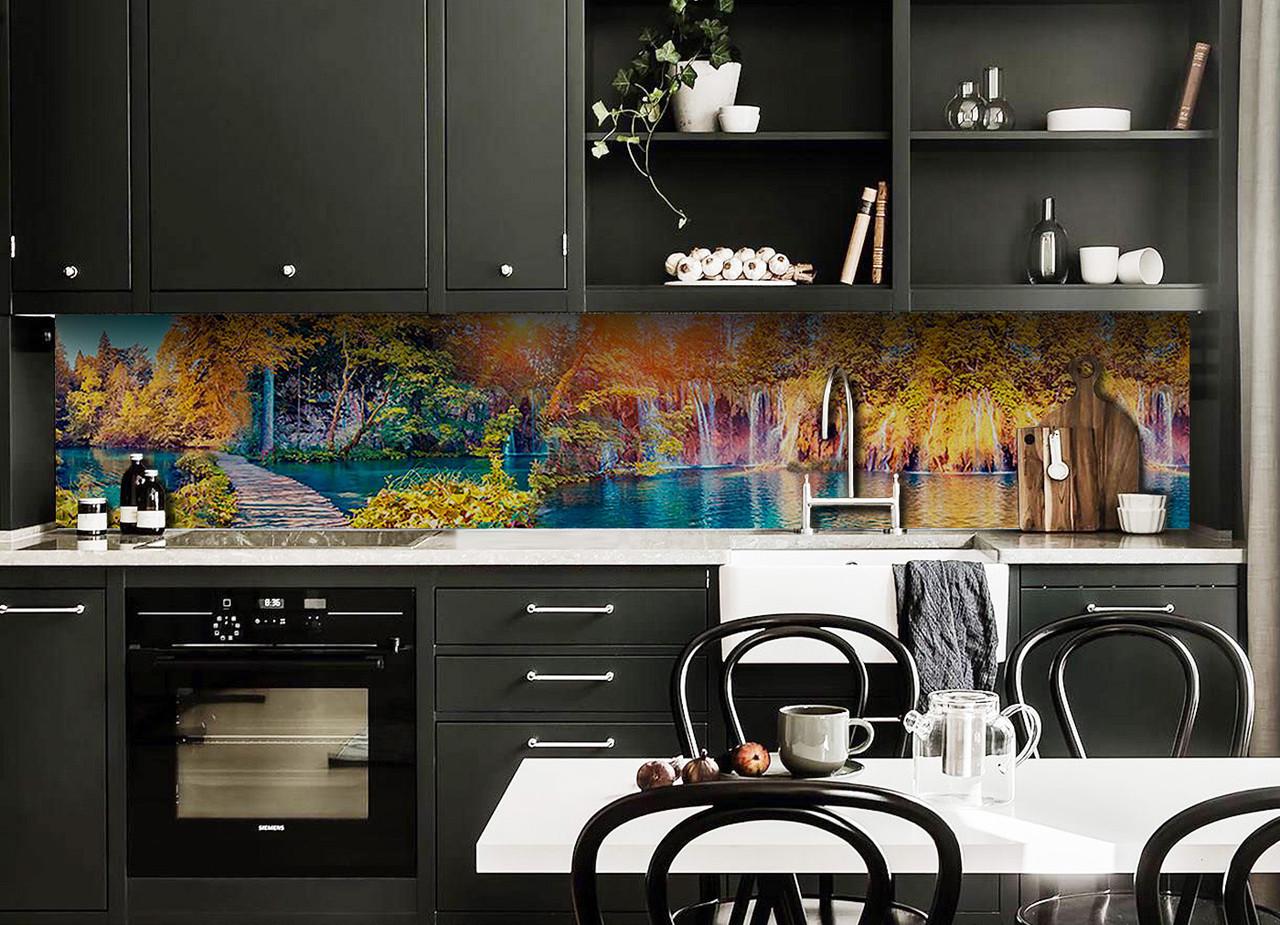 Кухонный фартук Осеннее отражение из самоклеющейся виниловой пленки 60х250 см Голубой