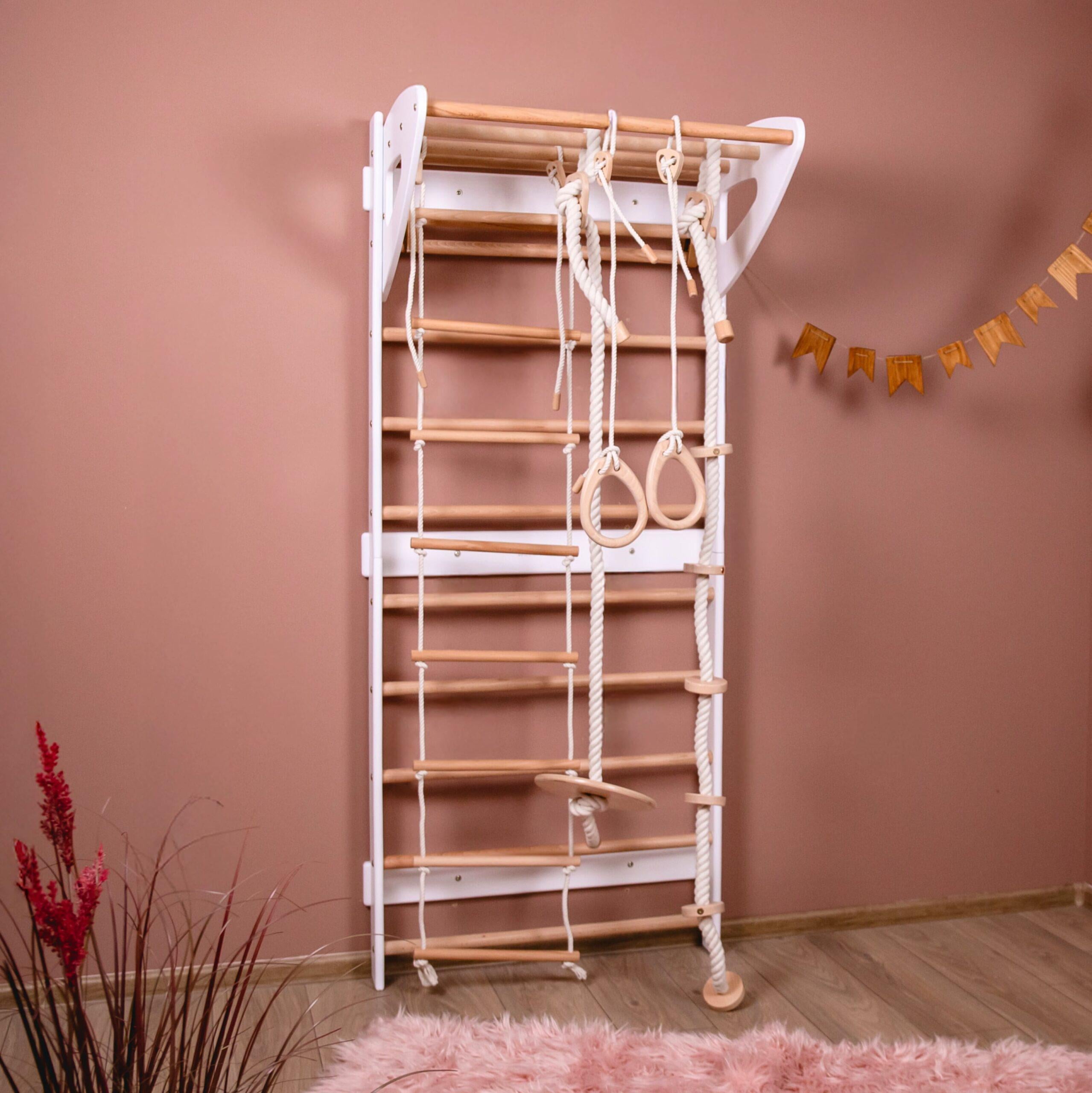 Спортивна стінка для дітей Woodandhearts 6в1 Натуральне дерево/Білий (AAIJ008)