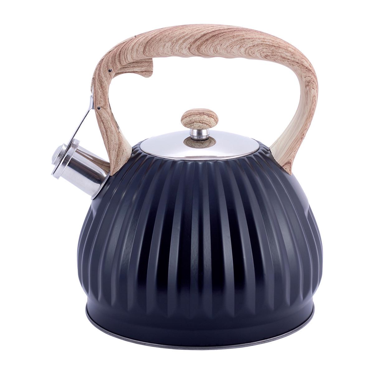 Чайник со свистком Kamille KM-1076 из нержавеющей стали и нейлоновой ручкой под дерево 3 л Черный (150-84-1076) - фото 3