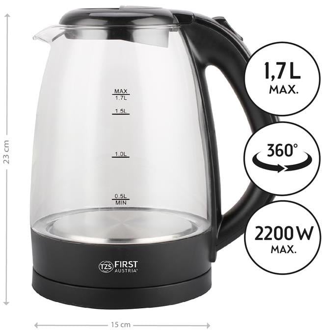 Чайник электрический First FA-5404-1-BA стеклянный корпус 2200 Вт 1,7 л Черный (626262) - фото 2 Чайник электрический First FA-5404-1-BA стеклянный корпус 2200 Вт 1,7 л Черный (626262) - фото 2