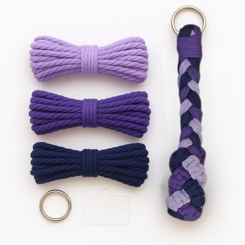 Набор макраме для рукоделия и творчества для ручной вязки и плетения брелока плетеная коса с петлей на руку трехцветный 17,3х3,5 см Фиолетовый