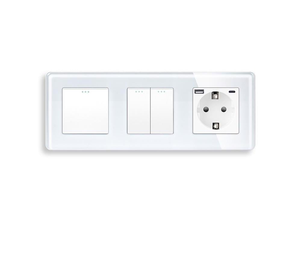Выключатель перекрестный ELIOS 3-клавишный 1-2 с розеткой USB A+C 20Вт с заземлением 16А 230 В стекло Белый