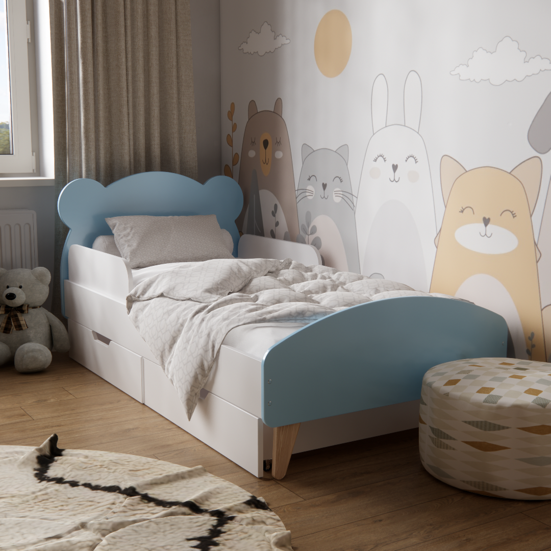 Ліжко дитяче Ведмедик з шухлядами та бортиками для дітей 3-10 років для хлопчиків 160х80 см Блакитний
