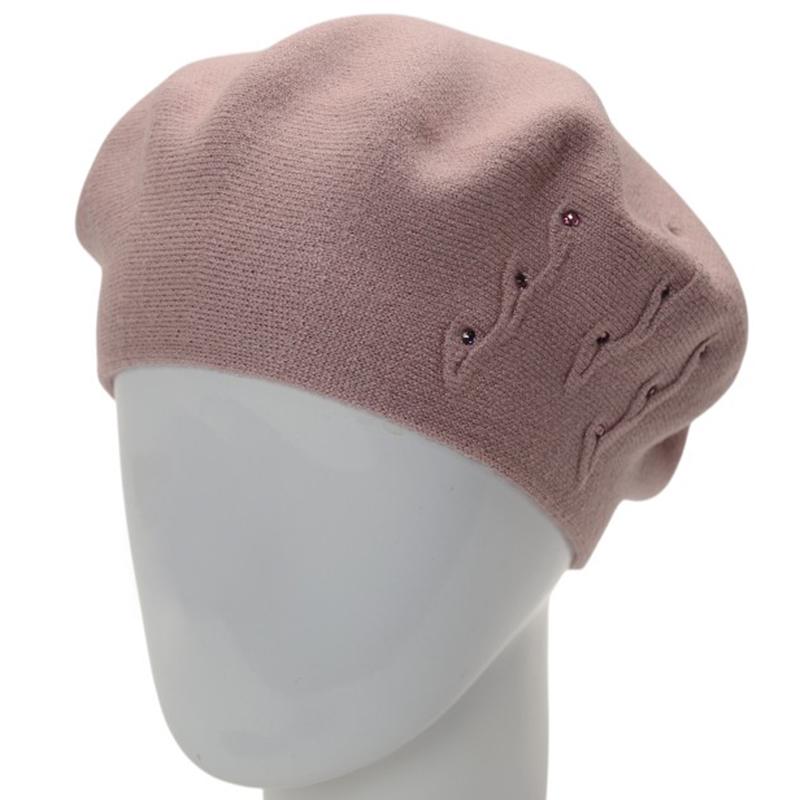 Берет женский вискозный двойной Novita Флорина с узором сбоку и стразами Пудровый