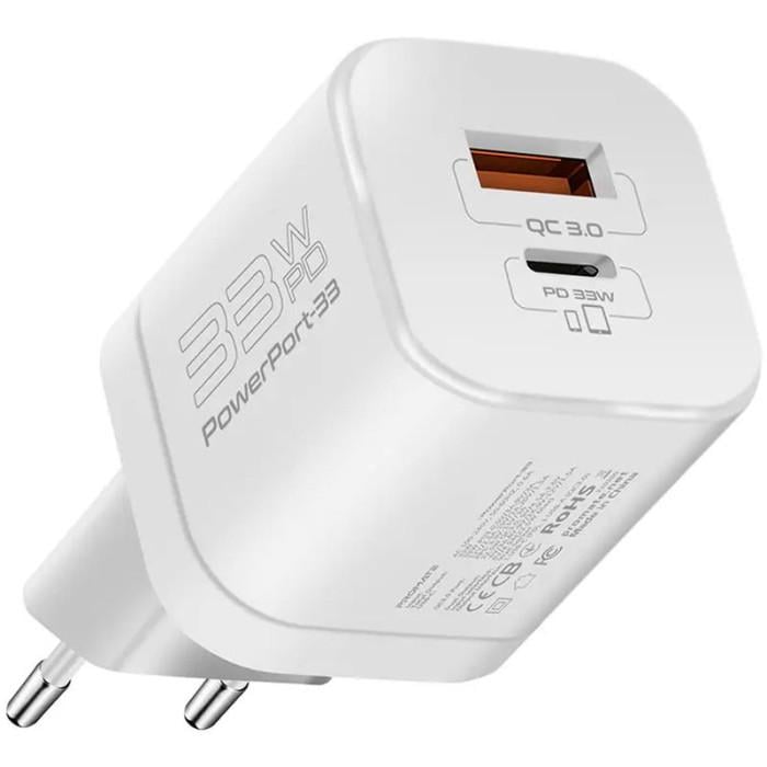Зарядное устройство Promate PowerPort-33 33 Вт USB-C USB-A PD 3.0 QC 3.0 GaN White (powerport-33.white)