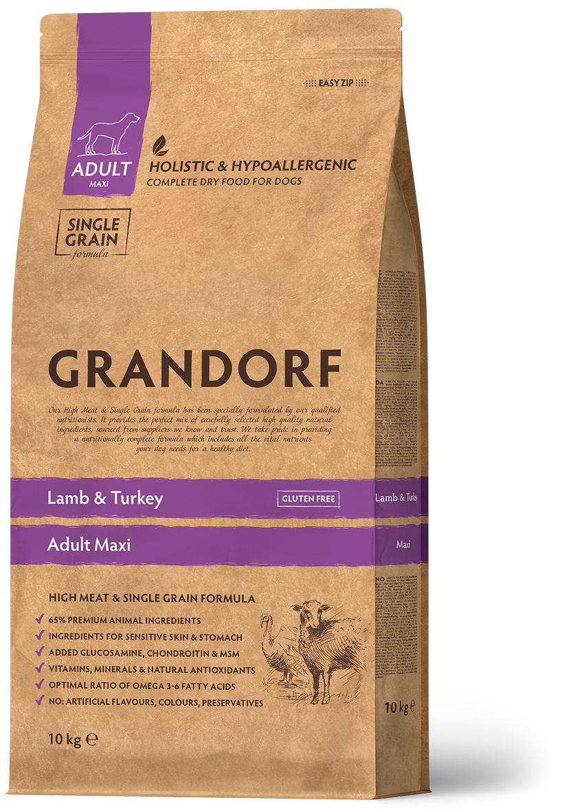 Корм для взрослых собак крупных пород Grandorf LAMB & TURKEY MAXI ягненок с индейкой 10 кг (95110)