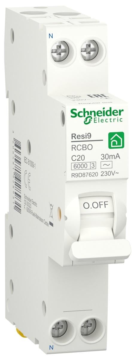 Диференційний вимикач Schneider Electric RESI9 1P+N 20A 30мA C тип АС (R9D87620) - фото 1