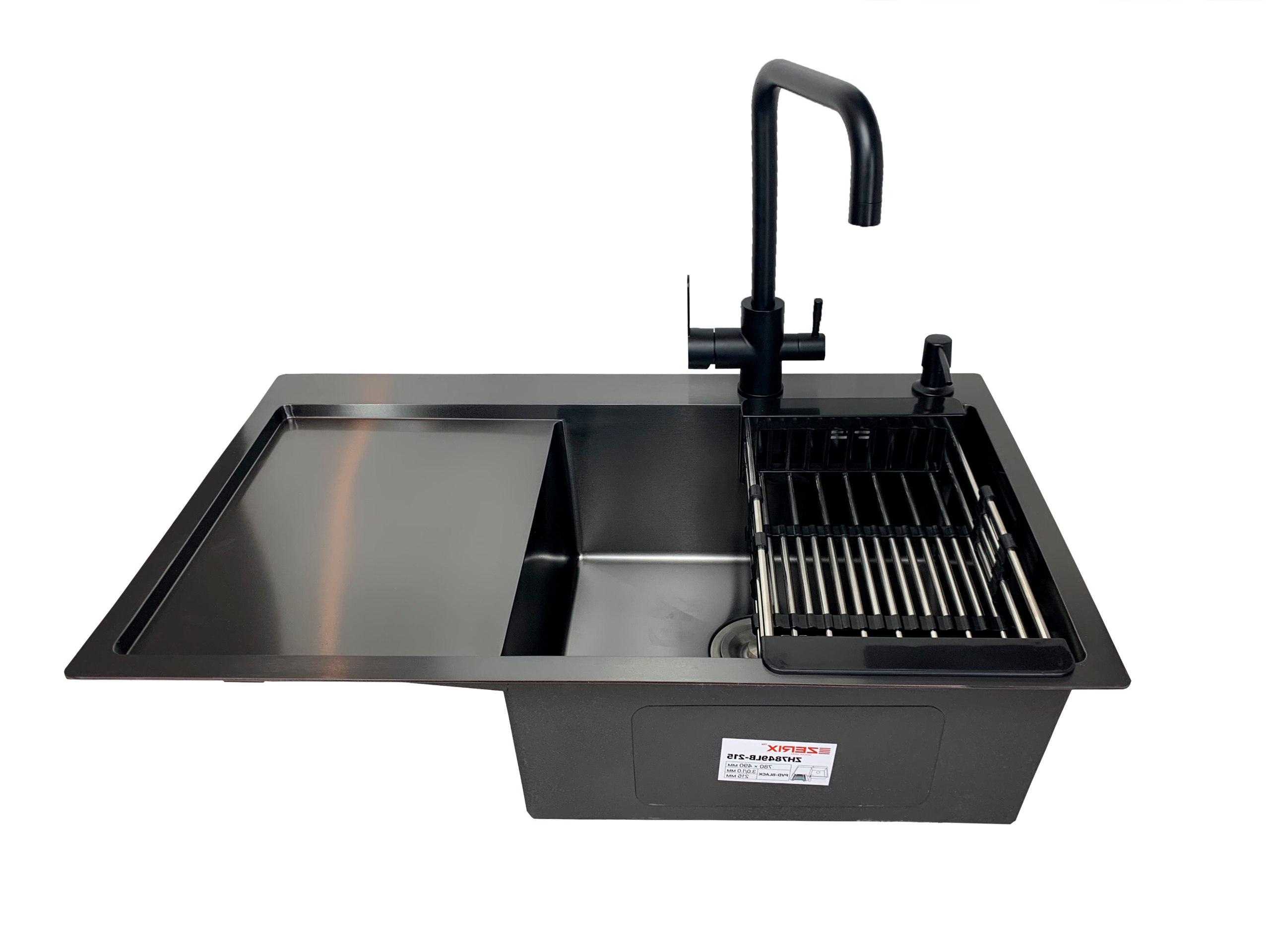 Мийка для кухні Zerix чаша праворуч/змішувач із підключенням до фільтру/дозатор/кошик 78x49 см Чорний (14978a36)