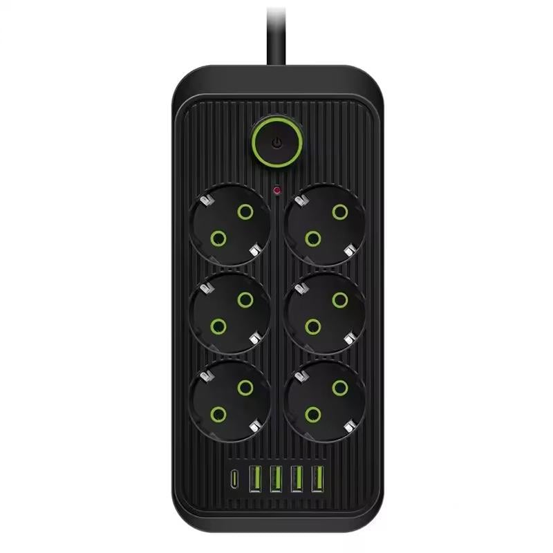 Мережевий фільтр-подовжувач на 6 розеток з 4 USB-A і 1 USB-C PD 2 м Чорний