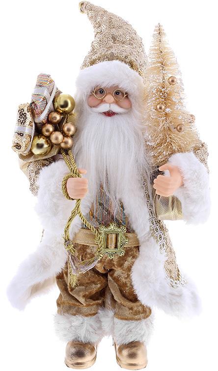 Фігура новорічна Санта Клаус з подарунками та ялинкою 30 см золота з паєтками