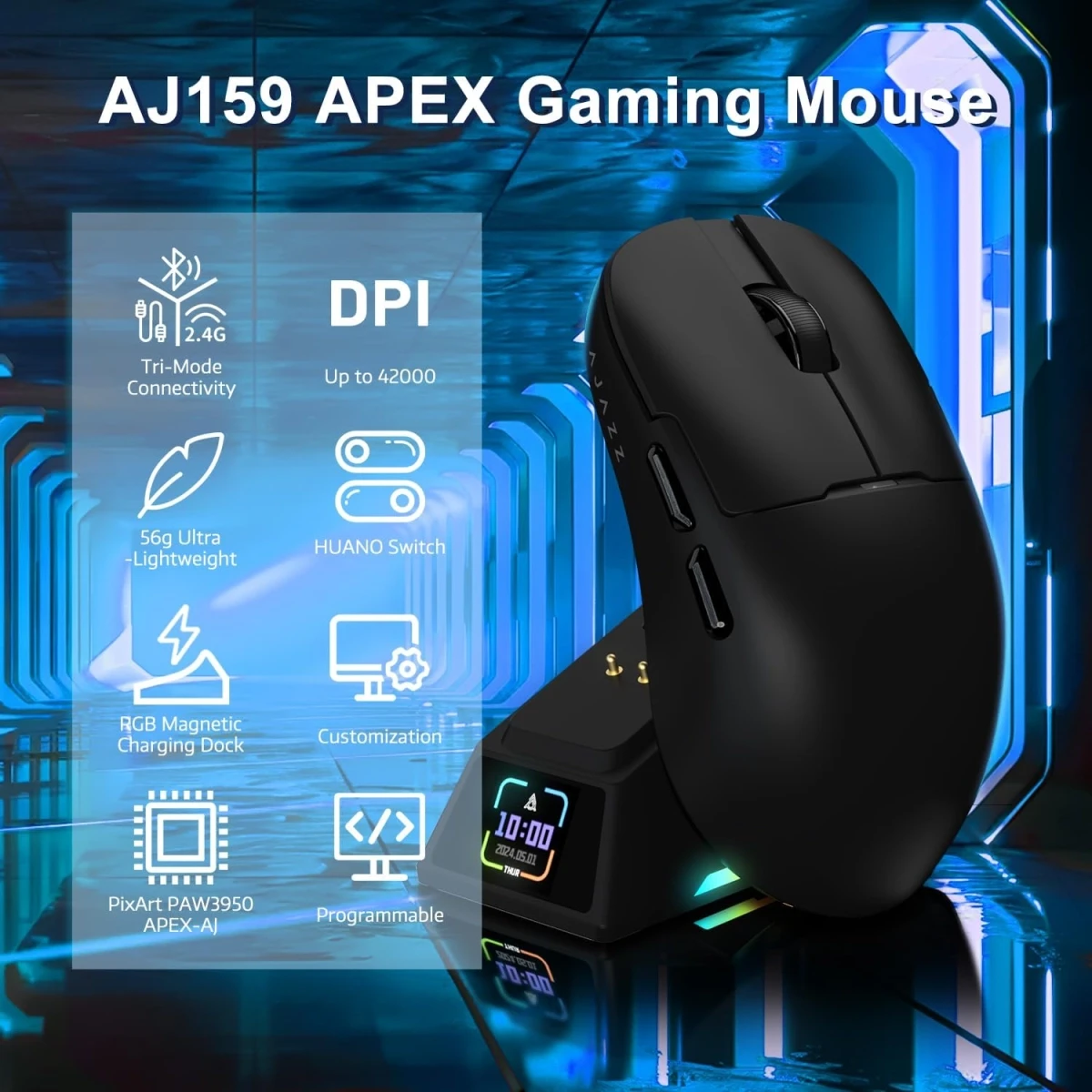 Компьютерная мышка беспроводная магнитная Ajazz AJ159 APEX PAW3950 RGB 400 мАч Черный (2345849812) - фото 6