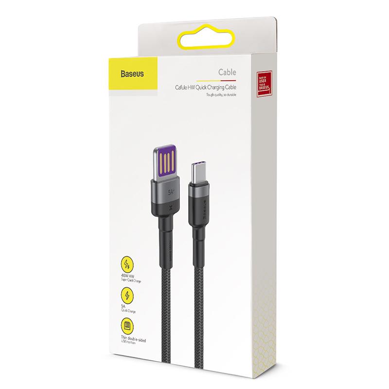 Кабель BASEUS Type-C Cafule HW Quick Charging Data Cable USB Двухсторонний Blind Interpolation 40 Вт 1 м Черный (CATKLF-P91) - фото 2 Кабель BASEUS Type-C Cafule HW Quick Charging Data Cable USB Двухсторонний Blind Interpolation 40 Вт 1 м Черный (CATKLF-P91) - фото 2