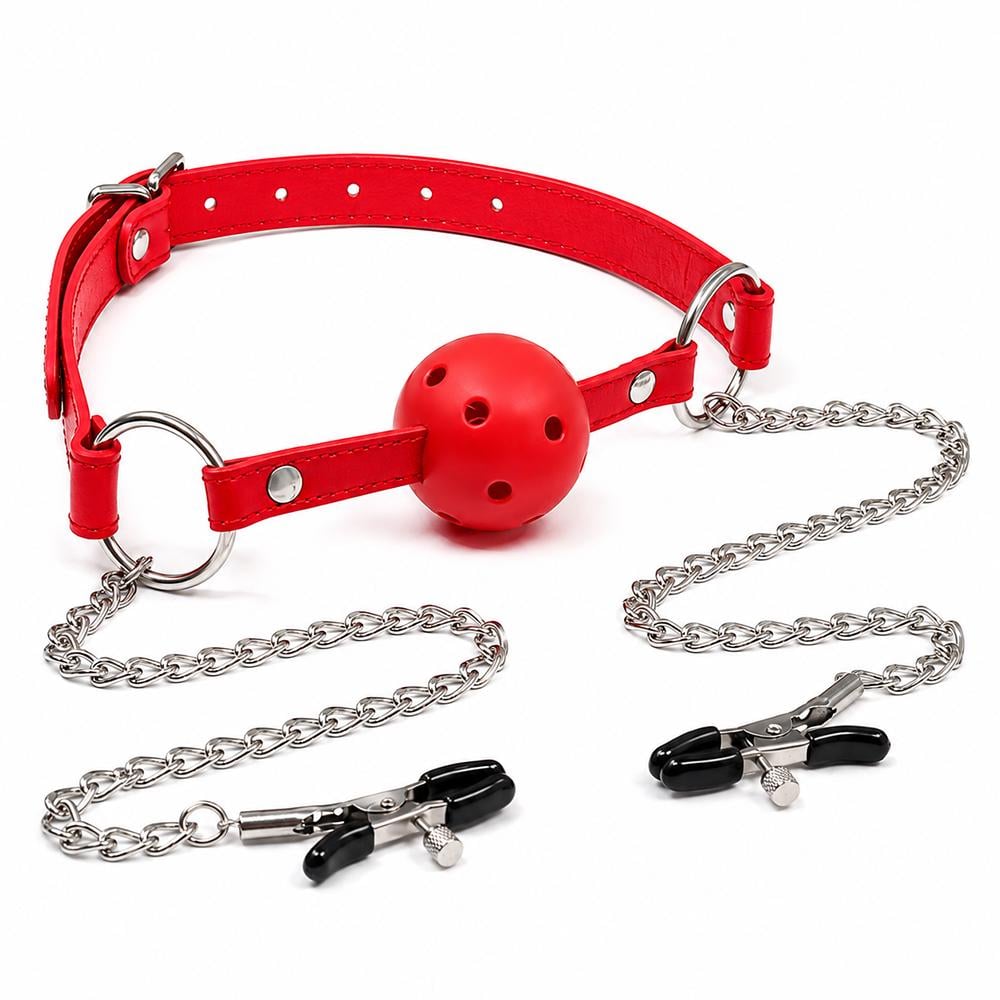 BDSM кляп-шар с цепочкой и зажимами для сосков регулируемый Красный (97a01094)