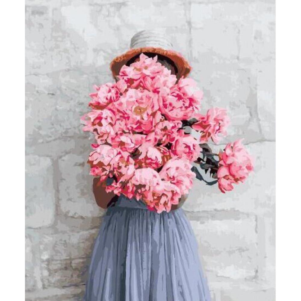 Картина за номерами Brushme 40х50 см Дівчина з півонії біля лофт-стіни