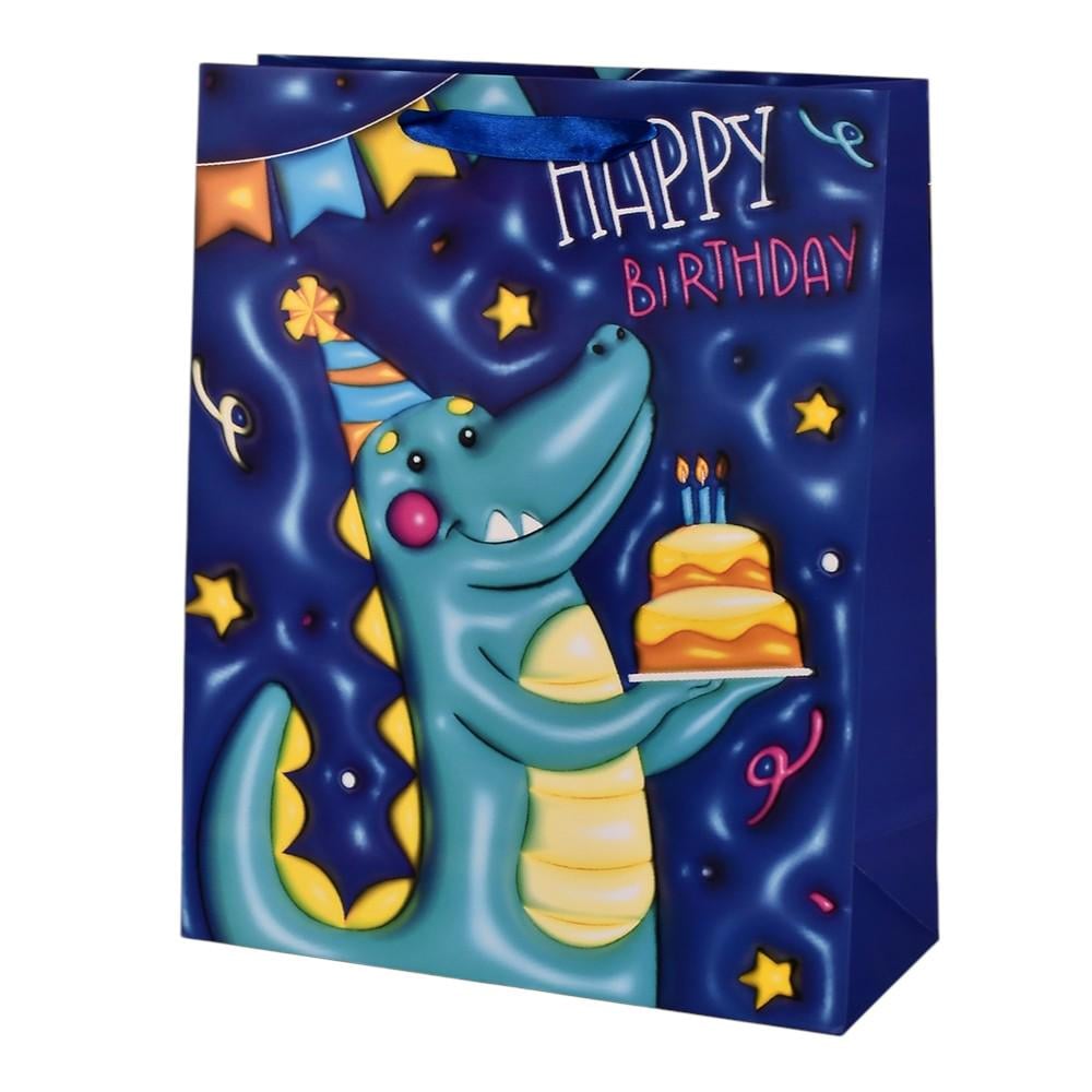 Подарунковий пакет Stenson Happy Birthday 3D з крокодилом 18х23х8 см Синій (R98657-S)