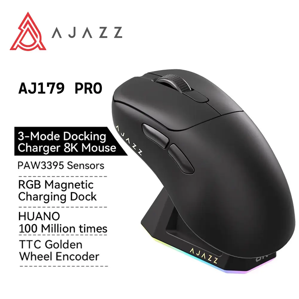 Миша бездротова Ajazz Aj179 Pro PixArt PAW3395 8000Hz із RGB док-станцією Black - фото 2 Миша бездротова Ajazz Aj179 Pro PixArt PAW3395 8000Hz із RGB док-станцією Black - фото 2