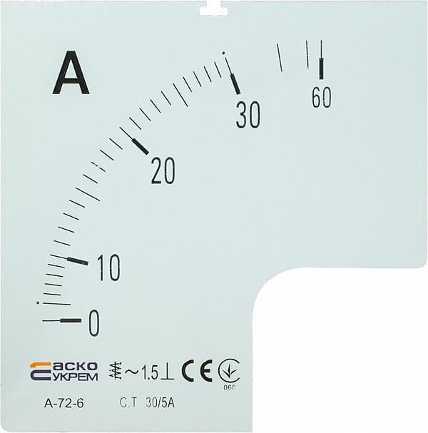 Шкала для амперметра АСКО-Укрем А-72-6 30/5А 72x72 мм (A0190010067)