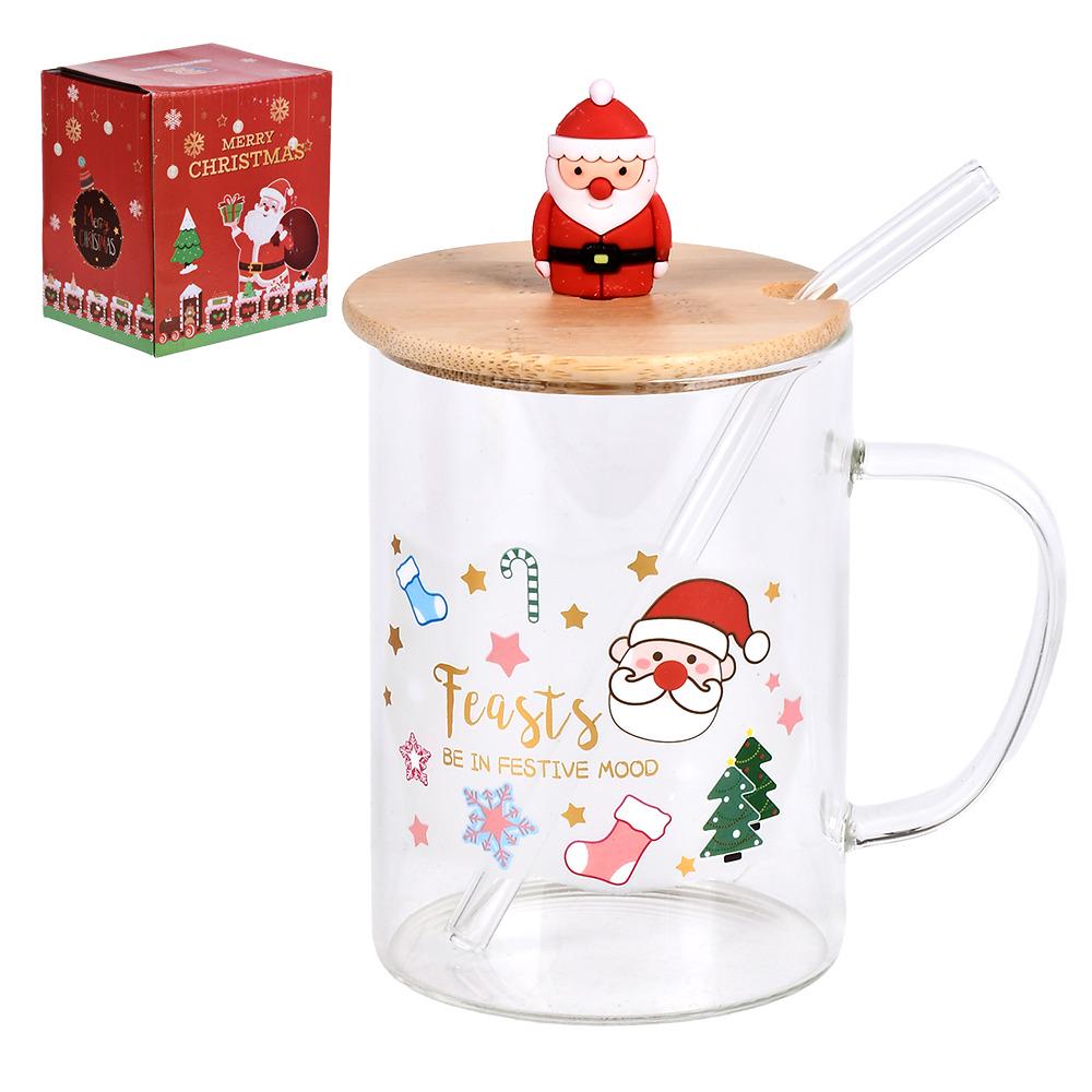 Чашка новогодняя с бамбуковой крышкой и трубочкой R100354 Feasts 450 мл