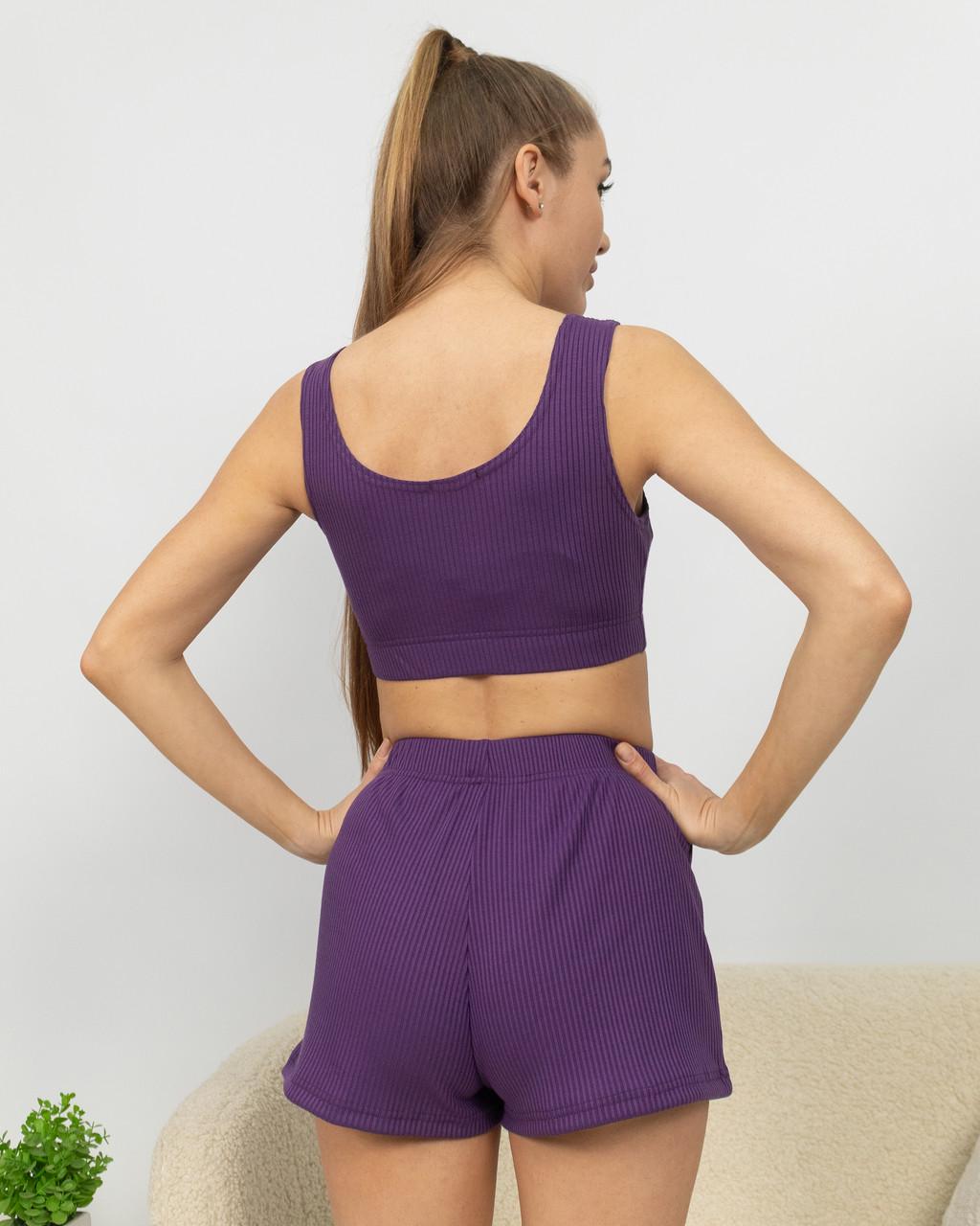 Піжама жіноча з рубчику топ і шорти Темно-бузковий - фото 3 Піжама жіноча з рубчику топ і шорти Темно-бузковий - фото 3