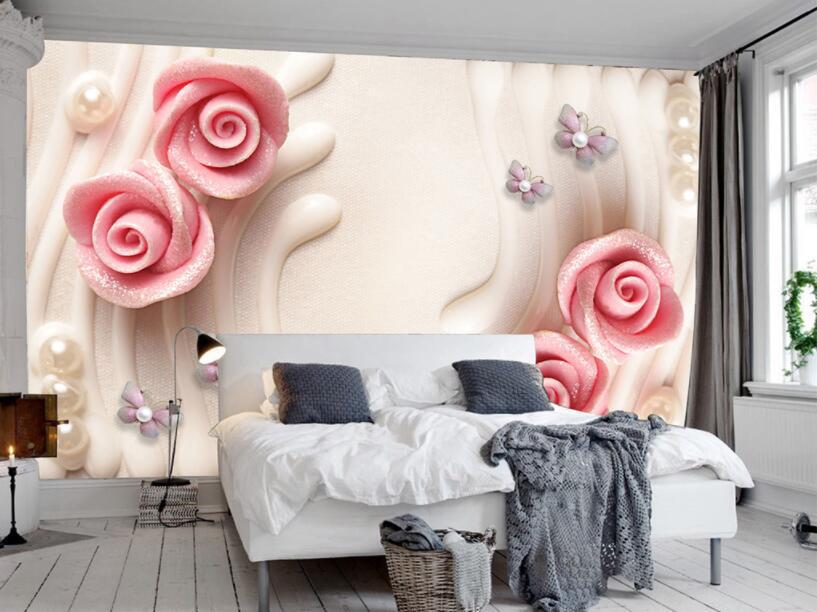 Фотообои 3D флизелиновые цветочные для спальни/зала/кухни Розовые розочки с жемчугом