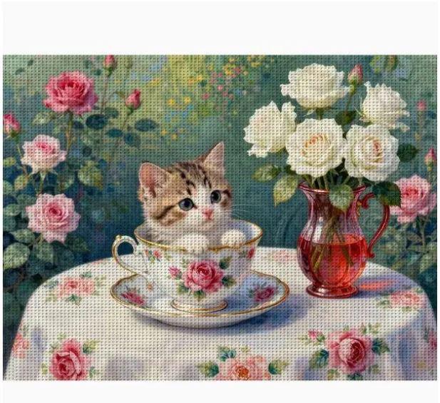 Набор для вышивки крестом JOZYSH Кот в чайной чашке 14CT канва Аида с нанесенным рисунком 30х40 см (2932713302)