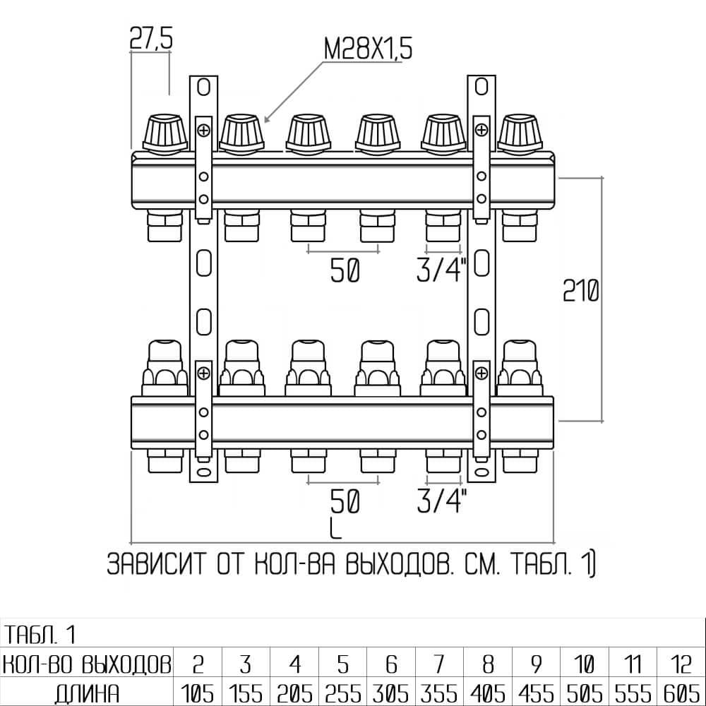 Колектор Icma 1" 5 виходів, без витратоміра №K005 - фото 2 Колектор Icma 1" 5 виходів, без витратоміра №K005 - фото 2