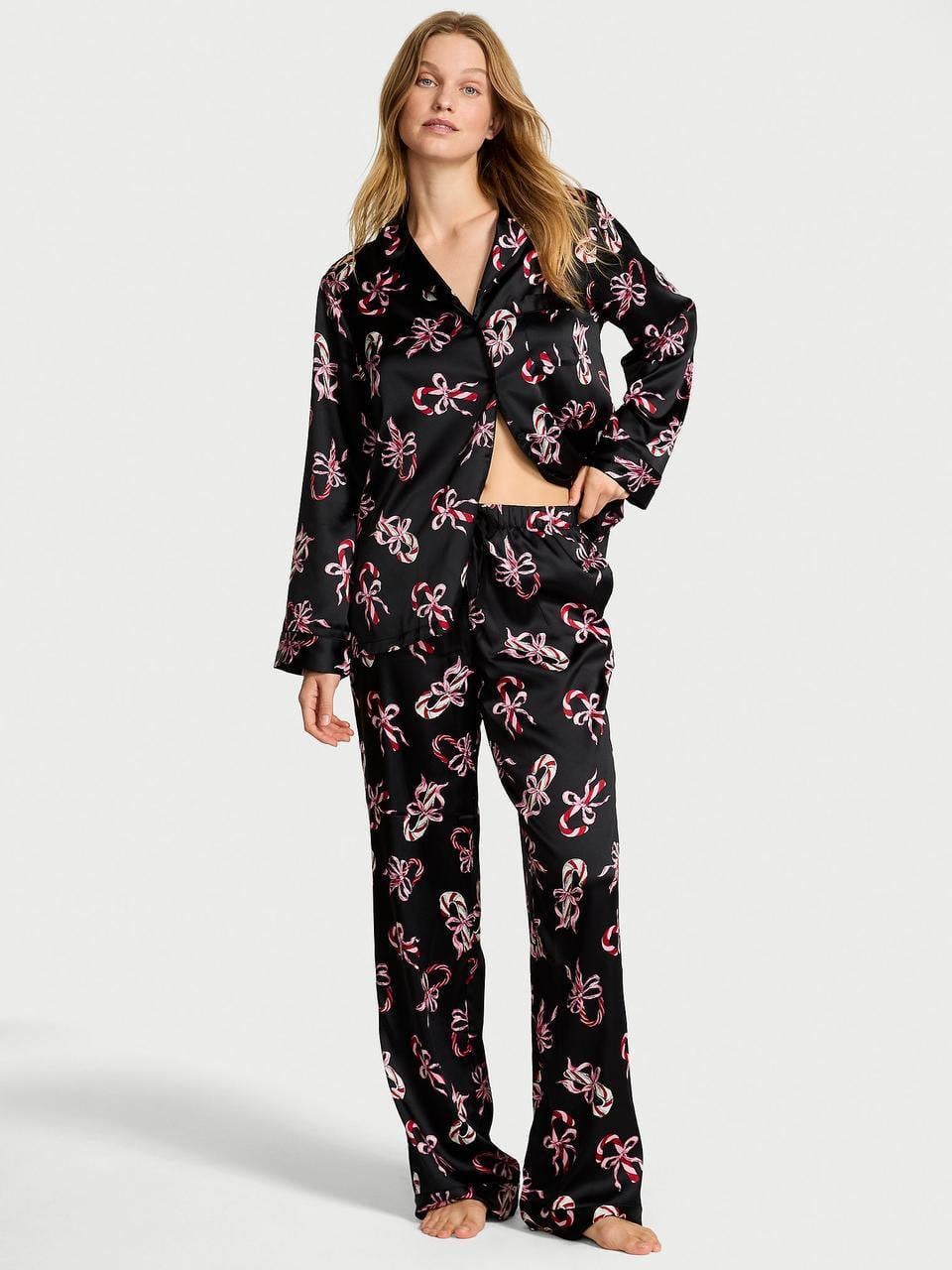 Піжама жіноча Victoria's Secret Signature Satin Long Pajama Set XS Чорний (291317964798)