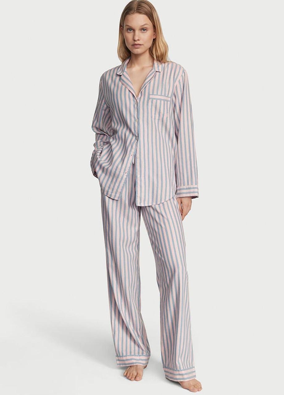 Піжама Victoria's Secret Flannel Long Pajama Set фланелева M Рожевий в смужку (2109003072)