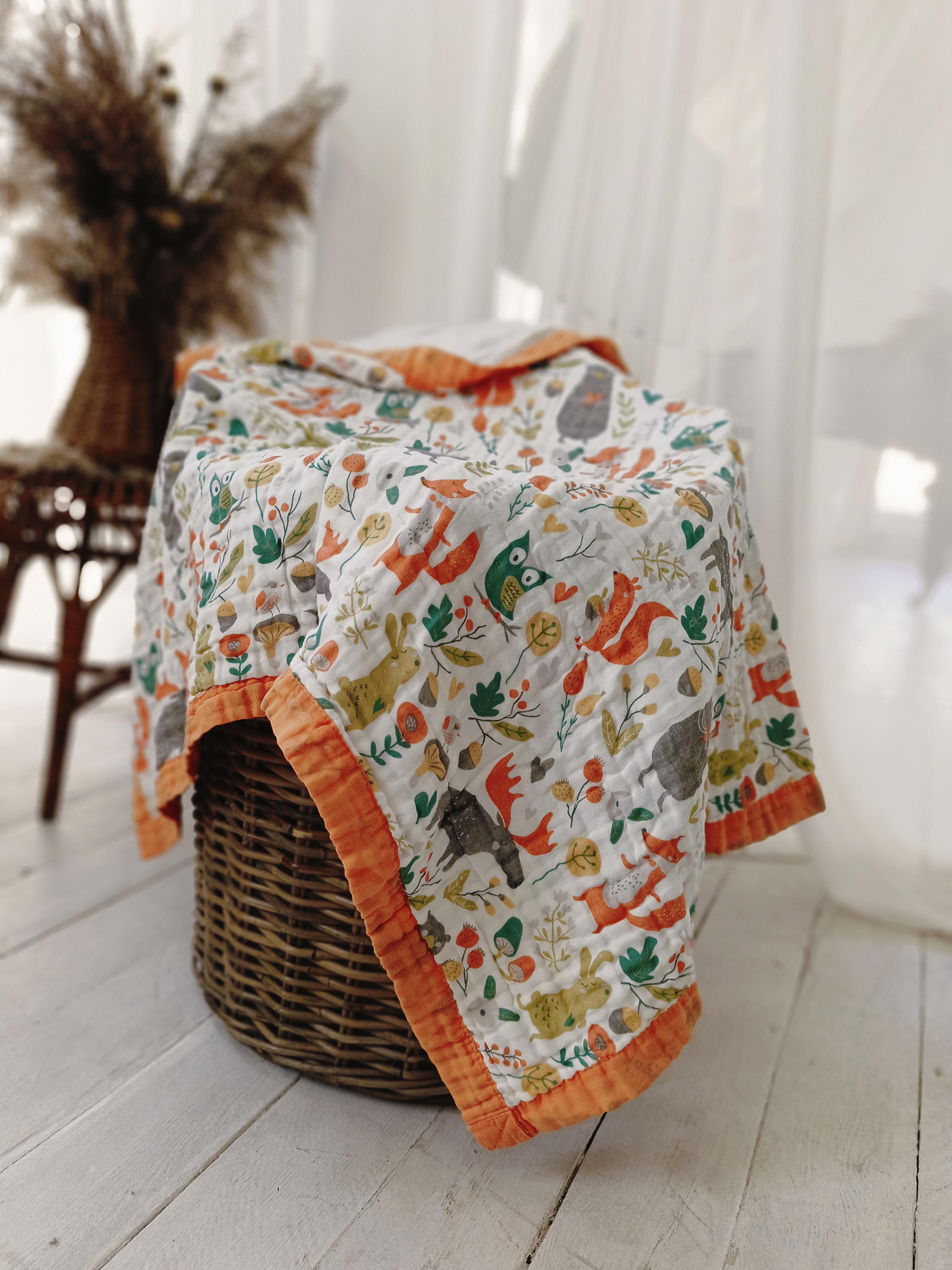 Детский плед 6-ти слойный муслиновый с рисунком 110х110 см Оранжевый (HPM0026) - фото 2 Детский плед 6-ти слойный муслиновый с рисунком 110х110 см Оранжевый (HPM0026) - фото 2