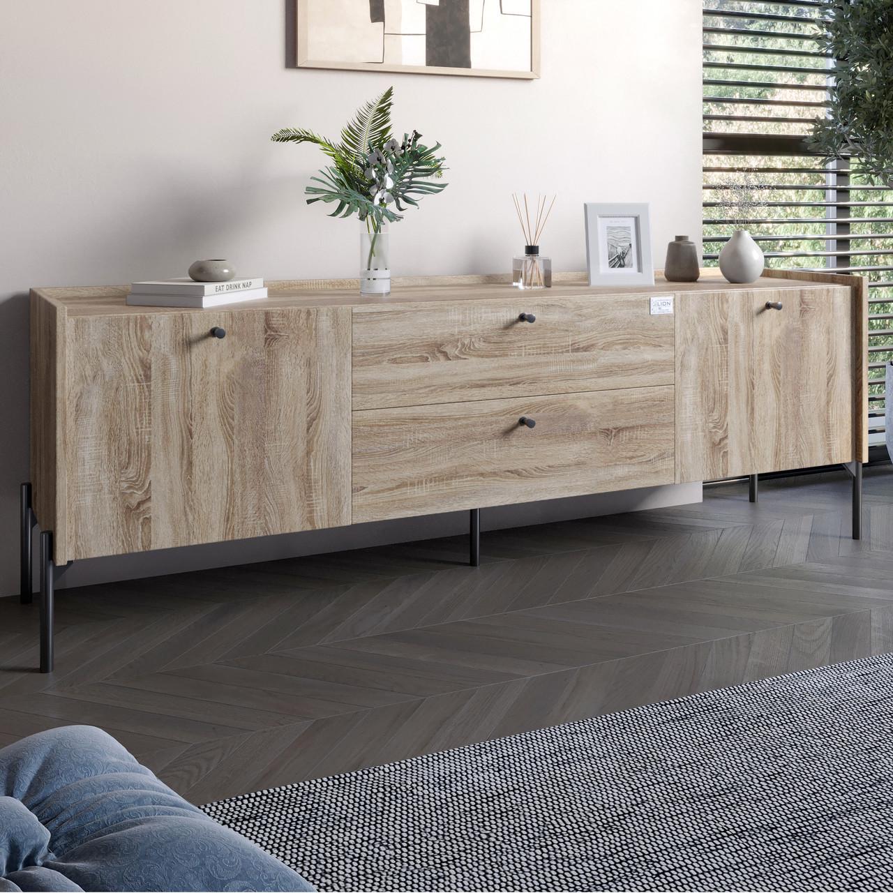 Тумба под телевизор с ящиками Lion Wood с черными ножками 180х50х40 см Дуб Сонома Трюфель (Lion-043130) Тумба под телевизор с ящиками Lion Wood с черными ножками 180х50х40 см Дуб Сонома Трюфель (Lion-043130)